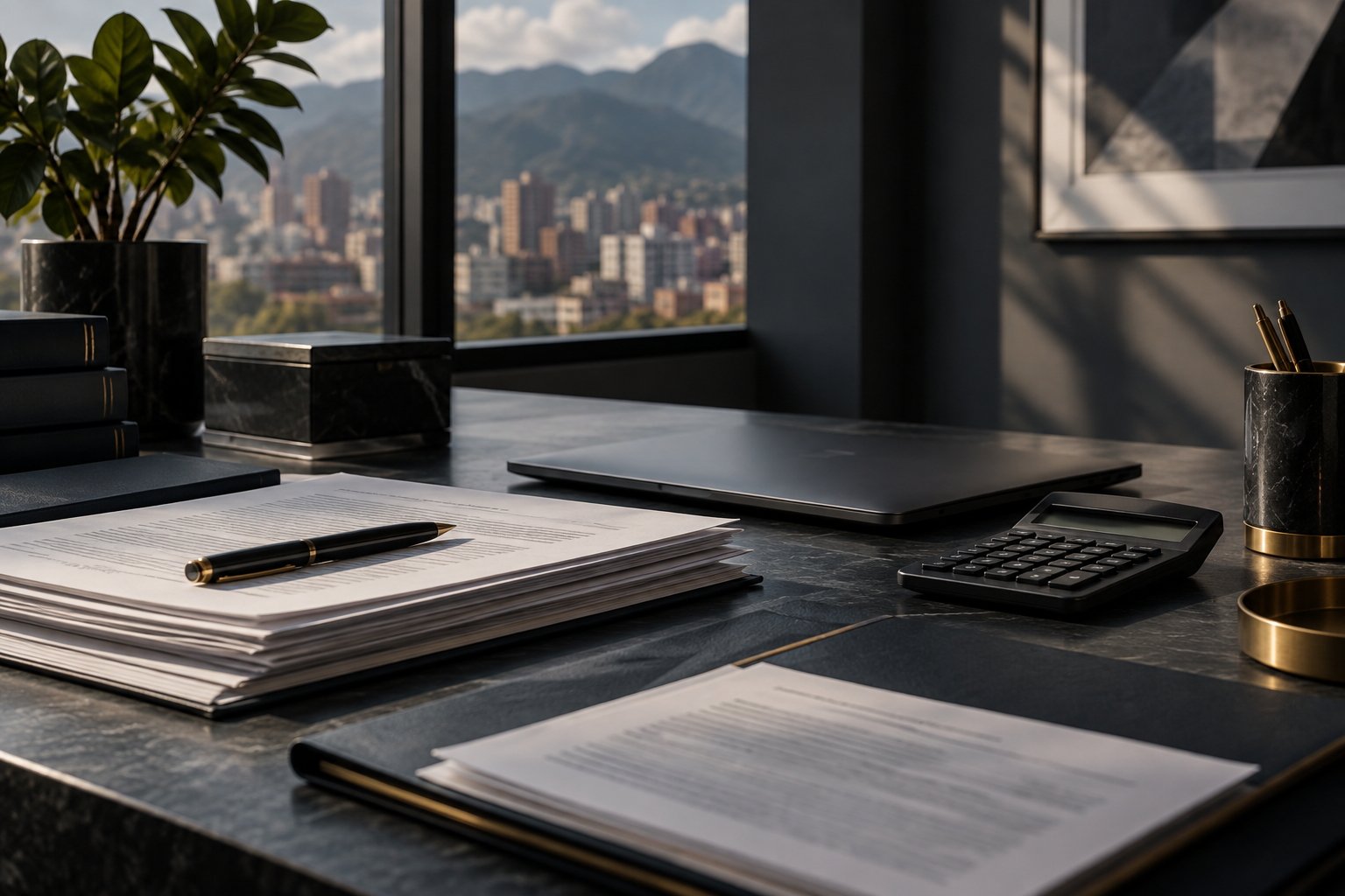Documentos jurídicos, calculadora y equipo de trabajo sobre un escritorio