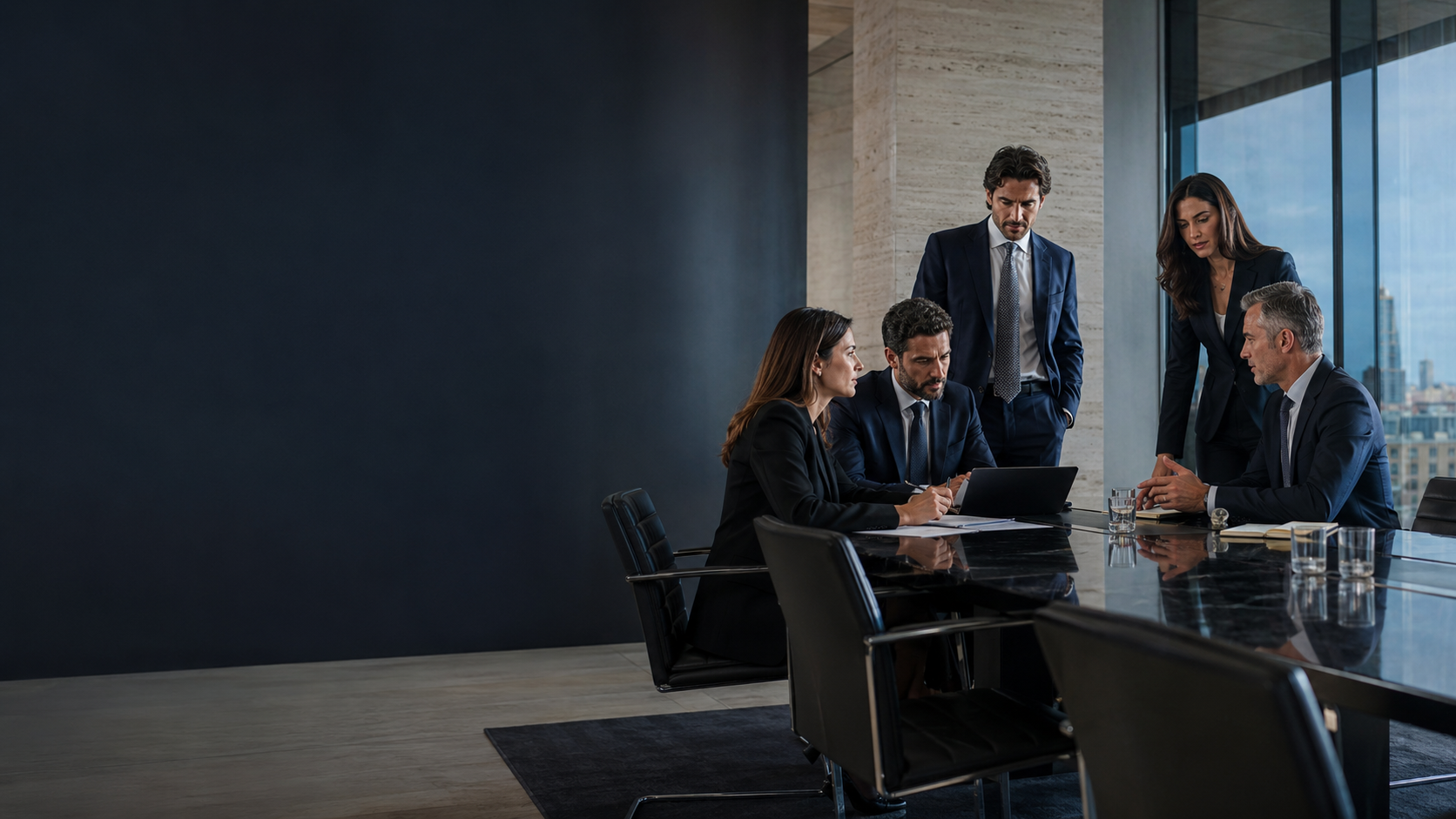 Equipo contemporáneo de abogados y abogadas en una oficina corporativa